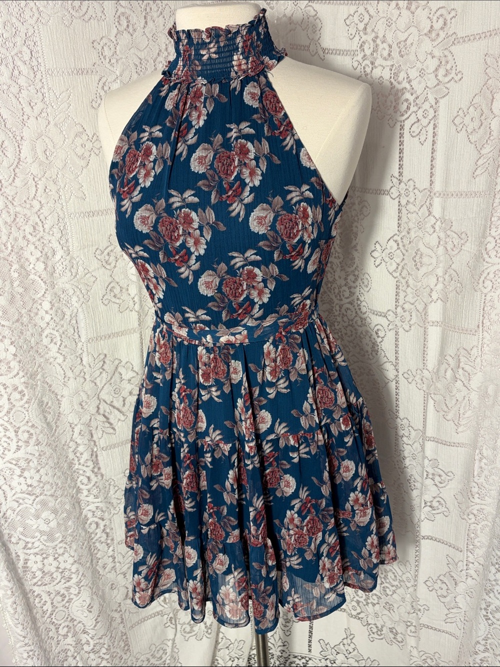 Smocked Halter Floral Mini Dress in Teal Blue